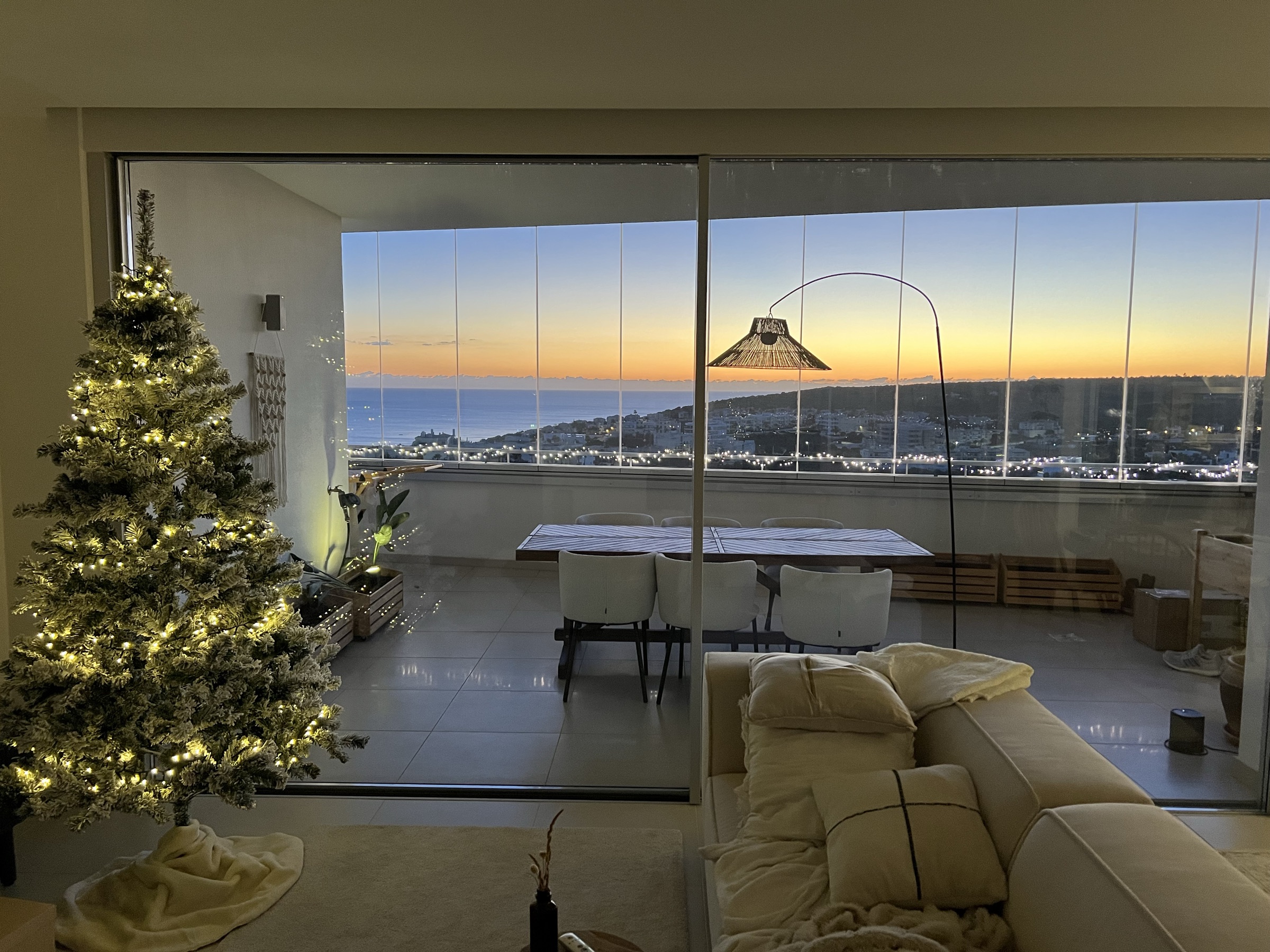 Atlantic sunset viewed through the terrace at Christmas
